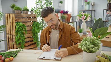 Handsome bearded man writing in flower shop, surrounded by green plants, portraying a fresh, natural atmosphere