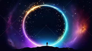 Beautiful glowing portal with tiny silhouette person