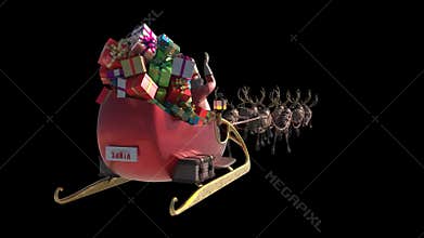 Santa Sleigh Flies Alpha Matte Christmas Gifts Reindeer Back 3D Rendering Animation 4K