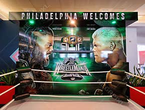 Essington, Pennsylvania, U.S - April 4, 2024 - A mini wrestling ring and background that says Philadelphia Welcomes Wrestlemania