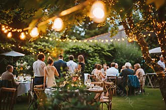 Elegant outdoor wedding reception with string lights