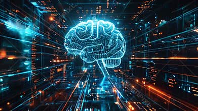 Glowing brain hologram symbolizing AI. AI brain interface in virtual environment. Futuristic machine learning