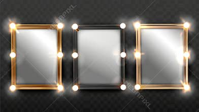 Mockup of rectangular makeup mirror with golden, silver, black, and brown borders isolated on transparent background.