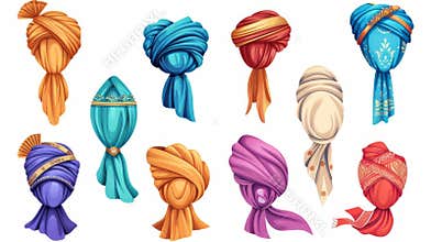 An illustrated set of turbans, hijabs, arabic scarves for women, pagdis for men, cartoon illustrations of cartoon pagdis