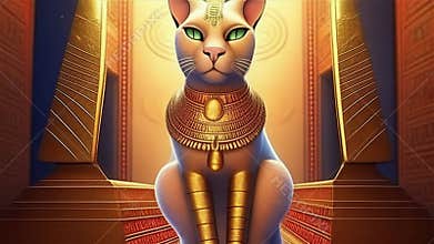 Golden Egyptian magic divine cat, cat in the temple of the Egyptian goddess