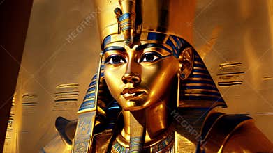 The beautiful Egyptian goddess-pharaoh Tutankhamun sits on a golden throne in the temple of Thebes