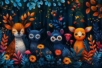 Abstract illustration of animals coming together in colorful forest