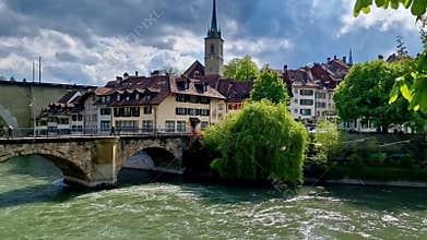 Switzerland. Swiss travel and landmarks .Romantic bridges and canals of Bern capital city