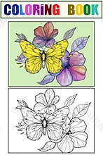 Flower with yellow butterfly. Seth coloring book and color drawing. Raster generative ai.