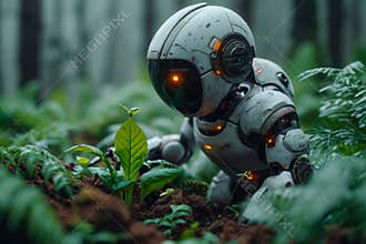 Cyborg planting tree on forest