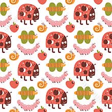 Baby insects pattern. Vector cute bugs cartoon repeat background on a white background. Kids wallpaper, print
