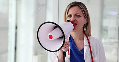 Woman therapist makes announcements using loud-speaker
