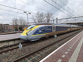 eurostar international train between London and Amsterdam along platform at Rotterdam Centraal