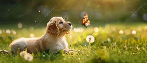 A curious puppy, possibly a Cocker Spaniel or a mix, fixates on a colorful butterfly perched on a fuzzy dandelion seed