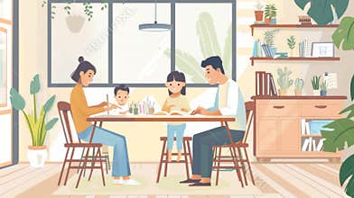In a peaceful room a family sits at a table with art supplies in front of them. The parents and children are focused on