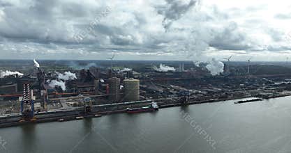 erial drone view on the metal production blast furnacs of Ghent, Belgium. Production of steel and metal products. Heavy