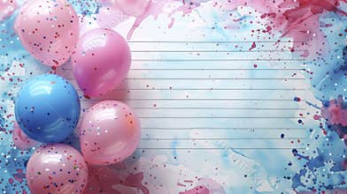 Invitation card mockup, lined sheet of paper and pink with blue balloons.