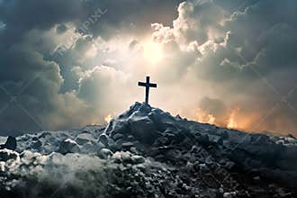 Solitary cross in field under stormy skies