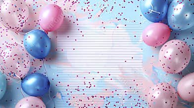 Invitation card mockup, lined sheet of paper and pink with blue balloons.