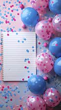 Invitation card mockup, lined sheet of paper and pink with blue balloons.