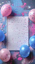 Invitation card mockup, lined sheet of paper and pink with blue balloons.