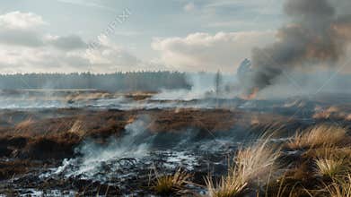 Heathland experiencing a widespread wildfire with active smoke and flames