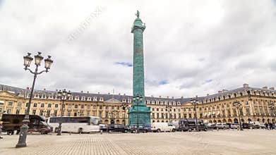 Vendome column with statue of Napoleon Bonaparte on the Place Vendome timelapse hyperlapse. Paris, France.
