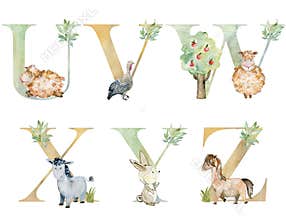 Watercolor farm animals letters.