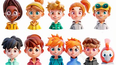 Avatar set for kids, cartoon character with cute smile. Game avatar set for preschool, school and kindergarten kids