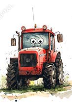 A cartoon tractor with big eyes driving down a dirt road