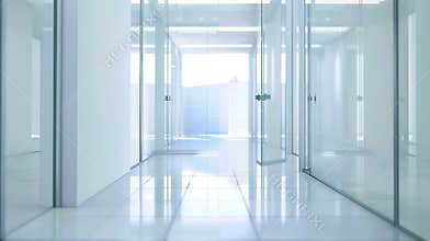 Generative AI Empty corridor hallway of modern white office building room with glass entrance door business blur b