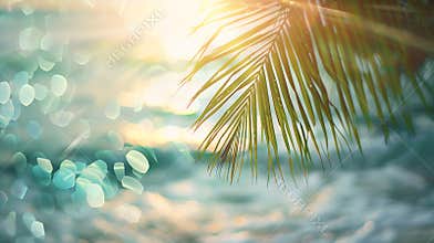 Generative AI Blur beautiful nature green palm leaf on tropical beach with bokeh sun light wave abstract backgroun