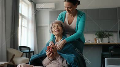 Loving adult daughter warming with blanket her old mother with disability