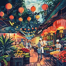 Asian street food market. Cooking outside, markets with food
