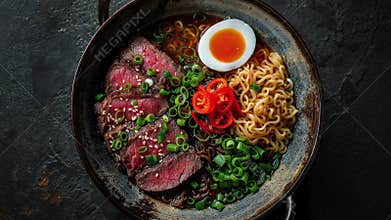 Delicious Bowl of Ramen with Beef and Soft-Boiled Egg