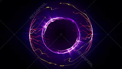 Abstract electric sphere with magnetic poles and liquid plasma flow on a shiny dark background