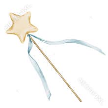 Cake topper watercolor. Cute stick with pink star and ribbon hand drawing. Clip art isolated birthday cake decoration