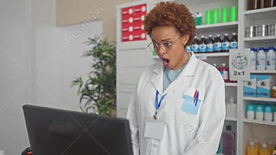 Shocked african american woman in pharmacist uniform expresses fear and amazement inside pharmacy