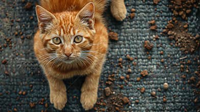 Orange cat looking up on carpet