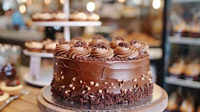 Chocolate cake display at a bakery