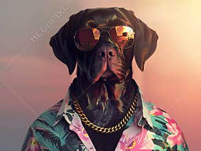 Photorealistic, miami vice style, Labrador Retriever, sunglasses, floral shirt, gold chain Happy labrador retriever