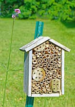 pole mounted bee house, structure provides nesting spaces for bees
