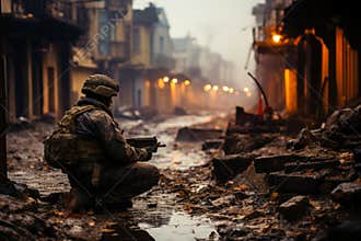 Armed soldier surveys destroyed city from corner of a building in urban warfare scene