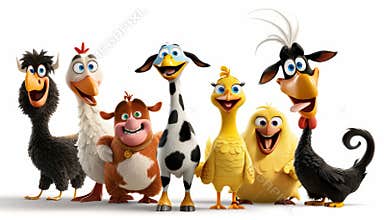 Group of cartoon farm animals including a cow, pig, and chicken. Concept of fun and farm life by AI generated image