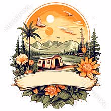Wilderness survival illustration. Outdoor camping with mountain nature concept