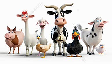 Group of cartoon farm animals including a cow, pig, and chicken. Concept of fun and farm life by AI generated image