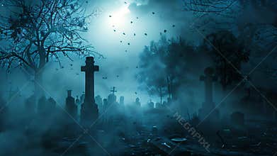 Full moon illuminates a eerie cemetery with tombstones, trees, and shadows under the night sky, A spooky graveyard at midnight,