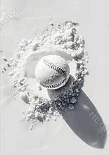 A baseball is sitting in a pile of snow