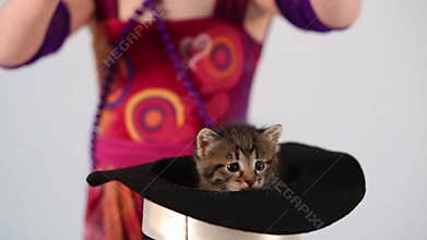 Little girl in costume magician waves her wand