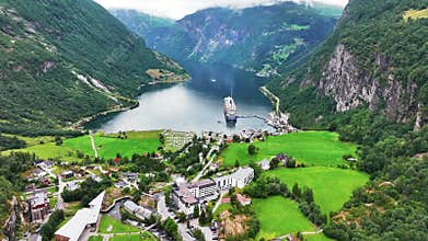 Aerial View of Cruise Ship in Fjord in Front of Geiranger Village. Norway